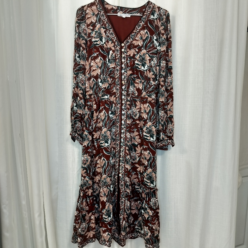 DR2 Long Floral Brown Button Down‎ Dress Size S Prairie Boho Cottagecore Western